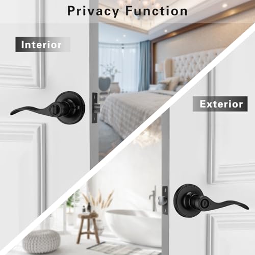 NCL 6 Pack Black Door Handle Interior, Wave Door Lever Door Knob with Lock, Privacy Door Handle for Bath & Bedroom - size: 6-Privacy