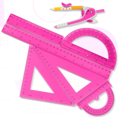 Zonon 7 Pcs Geometry Math Set with Compass Protractor Rulers, Pink - color: Pink