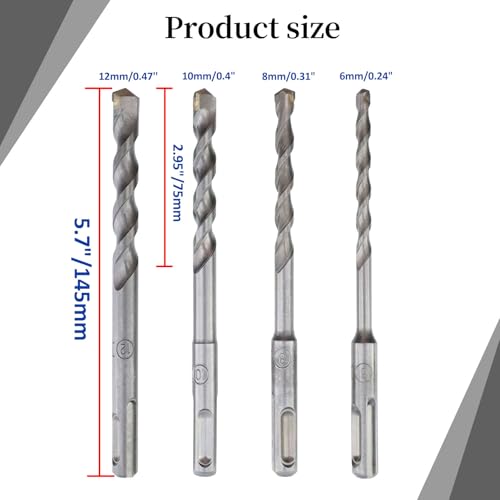 Rotary Hammer Bit Set with SDS Plus Shank,Carbide Tip,6+8+10+12mm - 4pcs