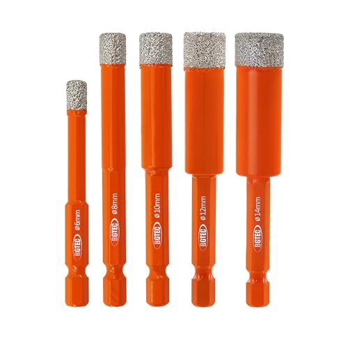 BGTEC Dry Diamond Drill Bits 5pcs 6mm 8mm 10mm 12mm 14mm with Quick Change Hex Shank for Granite Marble Porcelain Tile Ceramic - size: 1/4"+5/16"+3/8"+1/2"+3/5"