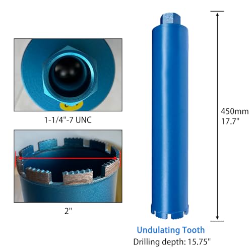 2" Wet Core Drill Bits with 1-1/4"-7 Thread Featuring 15.74" Drilling Depth 10mm Diamond Segment Specifically Designed for Heavy-Duty Applications in Reinforced Concrete Brick and Masonry - size: 2 Inch | 51mm