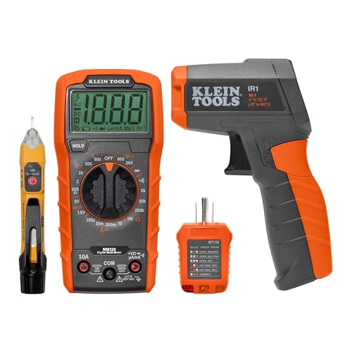 Klein Tools 80067 Electrical Test Kit with IR Digital Thermometer, Multimeter, Non-Contact Voltage Tester Pen and Receptacle Tester, 4-Piece - style: IR Thermometer w/3-Piece Tester Kit