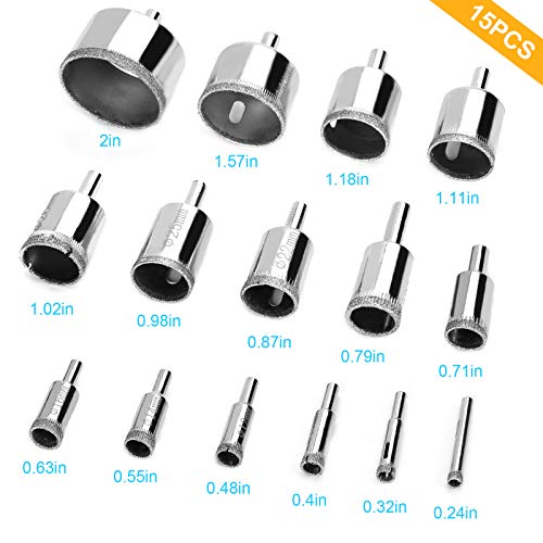 15 Pcs Diamond Drill Bits for Ceramic, Diamond Hole Saw Drill Bit Set Kit, Premium Glass Drill Bit for Bottles,Pots, Marble, Granite Stone, Tile Cutting 0.23 Inch - 2 Inch（6mm - 50mm） YLYL - size: 0.23 Inch - 2 Inch（6 mm - 50 mm）