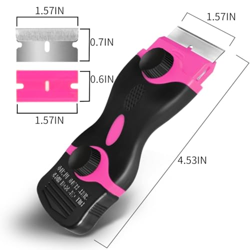 Pink Razor Blade Scraper Tool Set, 20Pcs Razor Blades, Plastic Paint Scraper, Double Edged Razorblade Scraping Tool for Glass, Windows, Stickers, Tint, Decals, Labels, Cooktop, Oven