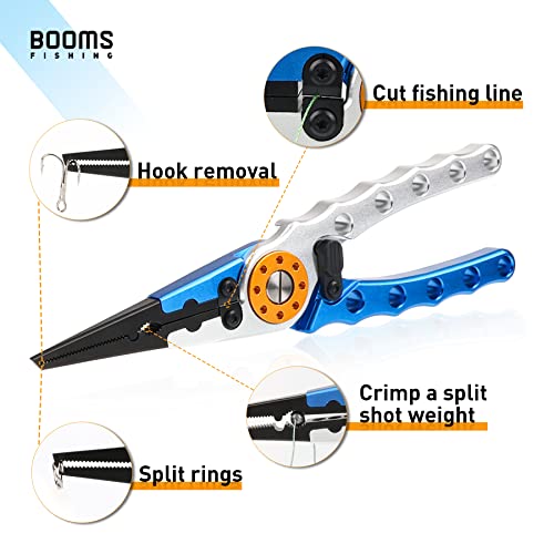 Booms Fishing X1 Aluminum Fishing Pliers Saltwater, Surf Fishing Tackle Kit, Fishing Multitool Hook Remover Braided Fishing Line Cutting and Split Ring with Coiled Lanyard and Sheath - color: Blue With Lock