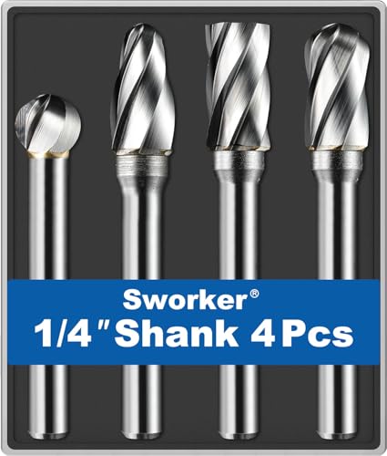 4Pcs Carbide Burr Set 1/4 Shank Aluminum Cut (Wide-Flute Cut) Die Grinder Bits Rotary Tools Attachment Kit Rasp File Accessories Metal Wood Stone Steel Grinding Deburring Cutting Porting Carving