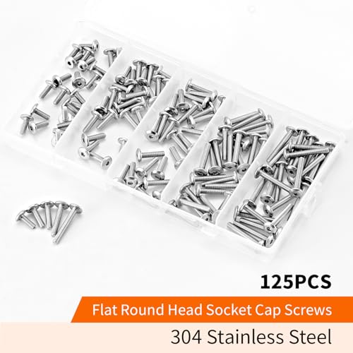 M3 x 8mm 10mm 12mm 16mm 20mm Flat Round Head Hex Socket Cap Screws Bolts, Furniture Screws, 304 Stainless Steel, Metric Fully Threaded, Allen Hex Drive, Bright Finish, Assortment Kit 125PCS - size: M3 x 8/10/12/16/20mm (125PCS)