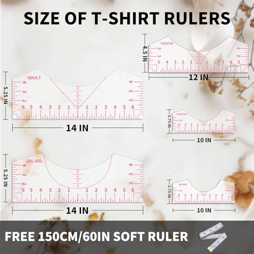 5Pack Tshirt Ruler Guide for Vinyl Alignment, T Shirt Rulers to Center Designs, PVC Measurement Template, Sewing Supplies Accessories Tools for Cricut Heat Press Transfer Vinyl （Pink） - style: Tshirt Ruler-5-Pink