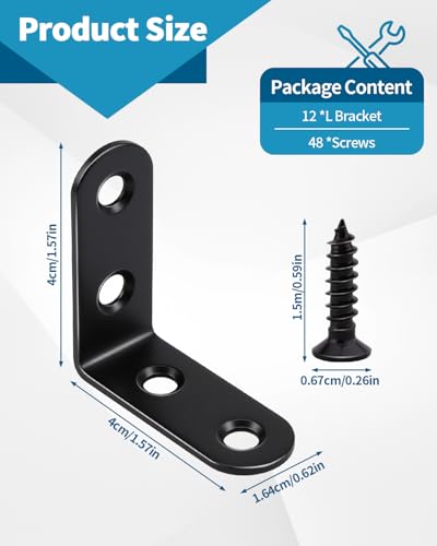12 PCS 1.57'' x 1.57'' Stainless Straight Flat Brackets, Black Flat Metal Brace Bracket, Support Flat Metal Brace for Wood Furniture, Mending Plate Connector Joining Bracket for Fence,48 Screws - size: 1.57 x 1.57 in