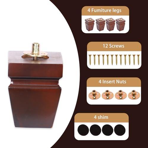 Wood Legs for Furniture 4 inch Heavy Duty Sofa Legs Square Brown Bed Legs Pack of 4, Mid Century Chair Feet, Sofa Replacement Parts, Dresser Leg Sideboard Recliner Couch Riser - color: Brown, size: 4"H*3.15"W