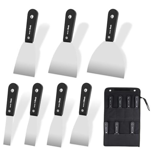 weiwei Carbon Stainless Steel Putty Knife Set, 7 PCS Spackle Knife with Storage Bag Sturdy Putty Scraper Knives Drywall Tools for Craftsman Wall Paint Repair Smoothing (1", 1.5", 2", 2.5", 3", 4", 5")