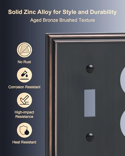 2-Pack Zinc Alloy Combo Toggle/Duplex Light Switch Cover Plate - color: Aged Bronze, size: 1 Toggle/1 Duplex 2PK
