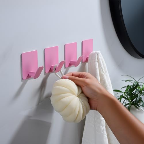DELITON 4 Pack Towel Hooks - Heavy Duty Wall Hooks for Bathroom, No Damage - color: Light Pink-4