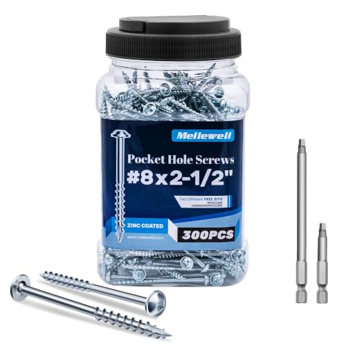 Mellewell #8 x 2-1/2" Zinc Coated Pocket Hole Screws, Square Drive Self Tapping Wood Screws, Coarse Thread Anti-Rust Coated Wood Screw, 65MM 150MM Drive Bits Included, Carbon Steel, 300 PCS - color: Silver, size: #8 x 2-1/2"