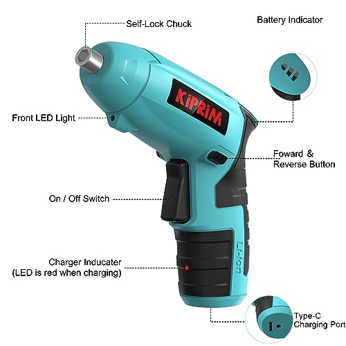 Kiprim ES3 4V Cordless Electric Screwdriver, Power Indicator Light Blue