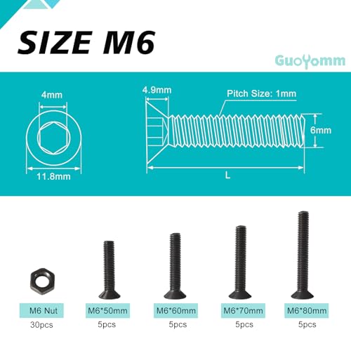 50Pcs M6 x 50mm 60mm 70mm 80mm, Flat Head Hex Socket Cap Screws Countersunk Bolts Nuts Kit, 10.9 Grade Alloy Steel, Black Oxide Finish, Metric Allen Drive, Fully Threaded - size: M6x50/60/70/80mm