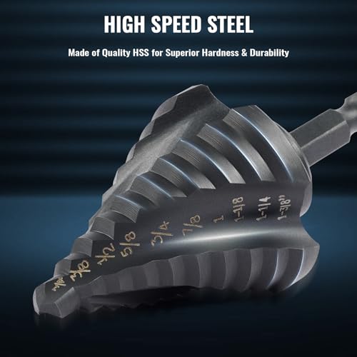 Step Drill Bit Set, 5PCS Four Spiral Flute Step Bits for Metal, 50 Sizes Titanium-Coated HSS Drill Bits with 1/4" Hex Shank for Stainless Steel Aluminum Wood Plastic