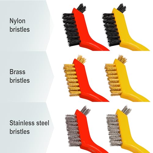6Pcs Small Wire Brushes for Cleaning Rust, Brass/Nylon/Stainless Steel Brushes with Curved Handle for Cleaning Metal, Paint Removal, Weld Slag & Dirt Cleaning