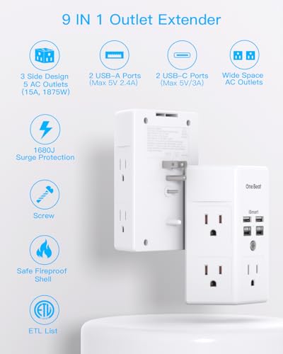 One Beat Surge Protector Wall Outlet Extender,3-Sided Outlet Splitter 1680J - color: White, size: 15.5w,1pcs