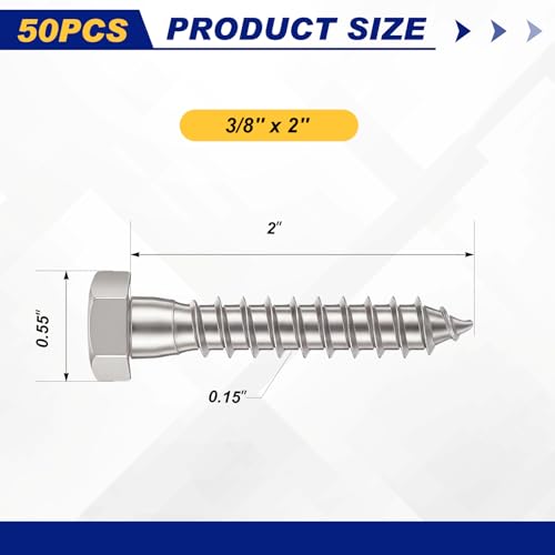 Zonon 50 Pcs 3/8'' X 2" Hex Head Lag Bolts Screws with Washers, Silver - color: Silver, size: 3/8'' X 2"
