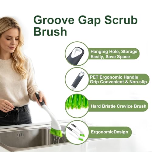 Grout Brush with Long Handle & Groove Gap Scrub Brush, Grout Cleaning Brush,V-Shape Grout Scrub Brush,Grout Cleaner Brush for Bathroom,Tile,Baseboard, Kitchen, Space Window Track, Corner