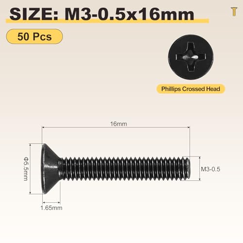 METALLIXITY M3-0.5x16mm Phillips Flat Head Bolts 304 Black 50Pcs - color: Black, size: M3-0.5x16mm