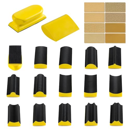 S SATC 16-PCS Hand Sanding Block Set With 40 Sheets Hook And Loop Sandpaper Kit, Interchangeable Assorted Convex & Concave Shapes for Automotive Body, Crafts, Sand Wood Woodworking Furniture - style: 16 PCS Sanding Block with 40 Sheets