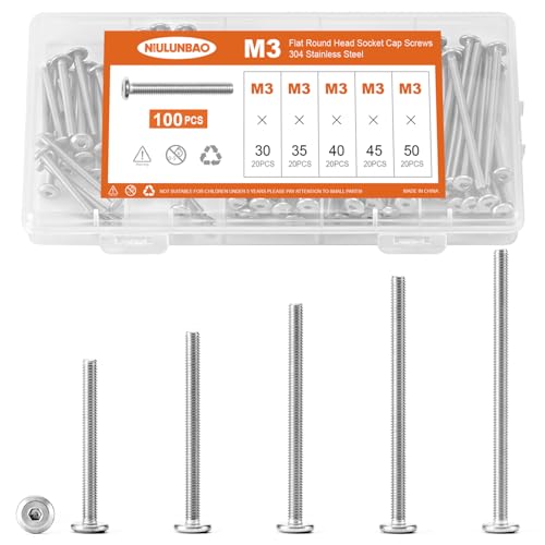 M3 x 30mm 35mm 40mm 45mm 50mm Flat Round Head Hex Socket Cap Screws Bolts, Furniture Screws, 304 Stainless Steel, Metric Fully Threaded, Allen Hex Drive, Bright Finish, Assortment Kit 100PCS - size: M3 x 30/35/40/45/50mm (100PCS)
