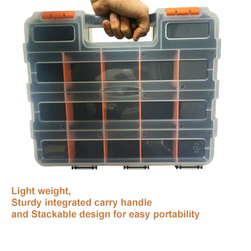 Double Side Tools Organizer, Plastic Tool Box, 34-Compartment, Double Side Storage Case Tools Box with Removable Dividers for Screws, Fishing Accessories,Bolts, Nails, Beads, Jewelry & More