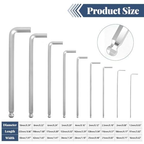 9-Piece Metric Allen Wrench Set, 1.5-10mm Extra Long Chrome Vanadium Steel Hex Key Set, L-Shaped Allen Ball End Wrenches for Automotive, Industrial & Machinery - color: Extra Long Chrome Plating Set
