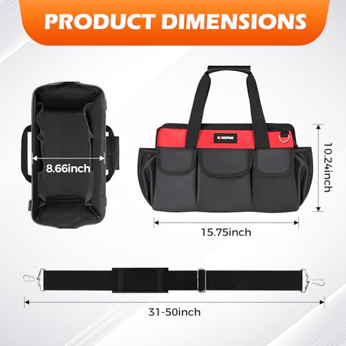 Kingfun 16 Inch Heavy Duty Wide Mouth Tool Bag with 14 Pockets - color: Red