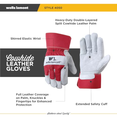 Wells Lamont Leather Work Gloves with Safety Cuff, Double Palm, Split Cowhide, Large (4050) - size: Large (Pack of 1)