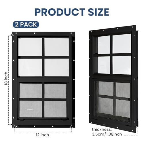 2 Pack Shed Windows, Chicken Coop Windows, 12" x 18" Black - color: Black, size: 12" x 18"