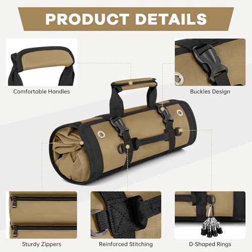 ANILD 18.5 Inch Extra Long Tool Bag Roll Up, Roll Up Tool Bag Organizer - color: Khaki, size: X-Large