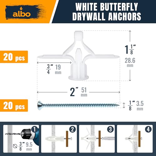 ALBO Drywall Anchor Kit with Screws - 120 Pcs Hollow Wall Set (Grey Butterfly, White Butterfly, Self Drilling, Screws) - Plastic Anchors for Drilling Hollow Walls - color: Kit 3in1