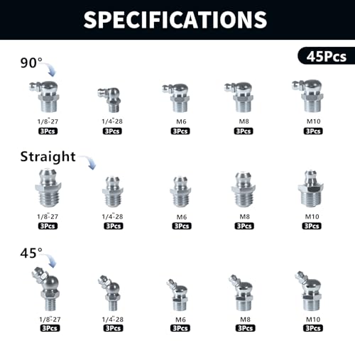 15Sizes Grease Fitting Assortment SAE and Metric Zerk Grease Fittings Kit 1/4 1/8 M6 M8 M10 Straight 45 90 Degree Zerks Nipples (Pack of 45Pcs)