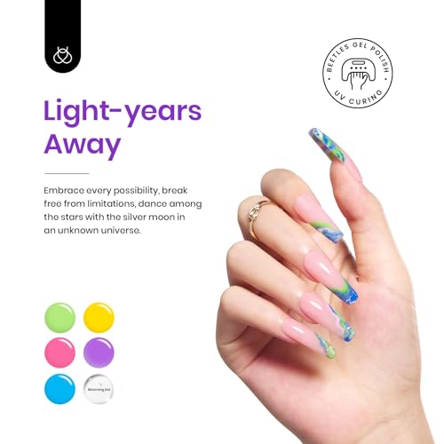 Beetles Gel Nail Polish with Blooming Gel -19 Colors Gel Nail Polish | Pink Green Blue Purple Neon Gel Nail Polish 3Pcs Base&Glossy Matte Top Coat,Clear Polish for Spreading Effect Soak off UV - color: 3-20 Light-years Away