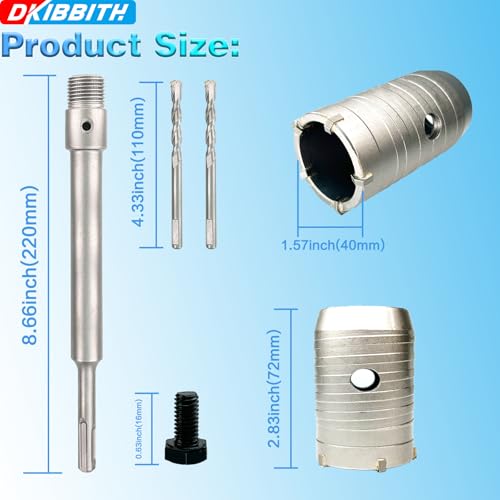 1-5/8" Concrete Hole Saw, 40mm Tungsten Steel Core Bit for Cinder Block, Brick, Rock, Plank Walls for Pipes or mini Split Lines, with SDS Plus Shank and 2 Center Positioning Drill Bits. - size: 1-5/8"