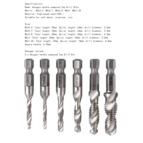 6 pcs Combination 1/4 Hex Twist Tap Drill HSS M3-M10 Bit Screw Countersink Hexagonal Handle Metric Taps White Diamond/Titanium Plated