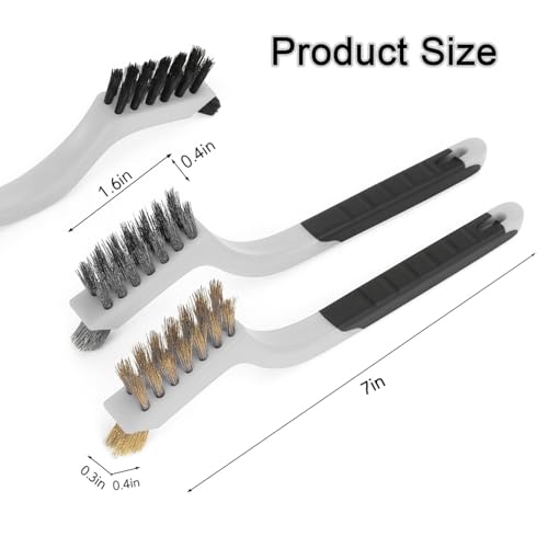 3pcs Wire Brush Set Nylon Brass and Stainless Steel Bristle Brushes with Curved Nonslip Handle for Rust Paint Dirt and Grime Removal Heavy Duty Cleaning Tool 7 Inch White