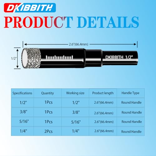 Dry Diamond Drill Bits Set, 5 Pcs Tile Drill Bits for Porcelain, Ceramic, Granite, Marble, Stone, Glass Hard Materials, Round Shank 1/4", 5/16", 3/8", 1/2" Drill Bits, with Storage Case - size: 5 Pcs Diamond Bits