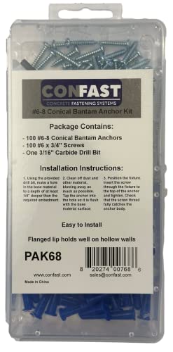 CONFAST® #6-8 Plastic Conical Blue Bantam Drywall Wall Anchor Kit PAK68, Includes (100) Anchors, (100) Screws and (1) Drill bit (201 Pieces) - size: #6 #8