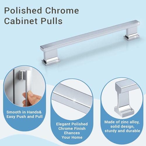 KNOBWELL 6 Pack Polished Chrome Solid Cabinet Pulls 6-3/10 Inch(160mm) Hole Center Kitchen Cabinet Handles,Cabinet Hardware for Cupboard Drawer Pulls - color: Polished Chrome, size: Hole Center：6-3/10 inch（160mm）