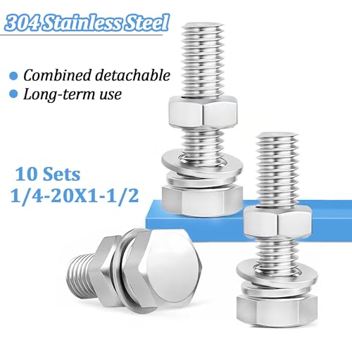 10 Sets 1/4-20 x 1-1/2" Stainless Steel Hex Head Screws Bolts, Flat, Nuts & Lock Washers,Hex Bolts 18-8(304) Full Thread - color: Silver, size: 1/4-20 x 1-1/2"（10 Sets）