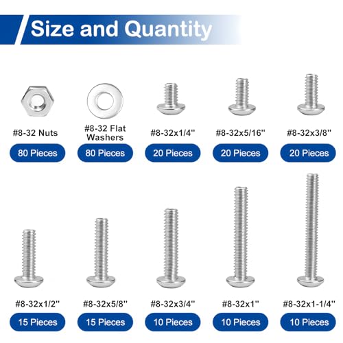 280Pcs #8-32 x 1/4" to 1-1/4" Pan Head Machine Screws Kit with Nuts Washers - size: #8-32