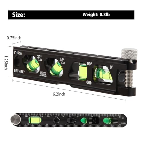 BETHEL 6 Inch Magnetic Torpedo Level with 4 Bubble Vials, V-Groove & Magnetic Rails, Black Aluminum Alloy Construction - color: Black 6in