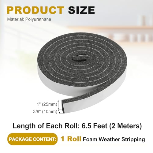 uxcell Weather Stripping Door Seal, 1" x 3/8" x 6.5 Ft Adhesive Foam Tape Seal Soundproof Insulation Strips for Door Frame Window Gaps (1 Roll, 6.5 Feet) - size: 1" x 3/8" (6.5 Ft)