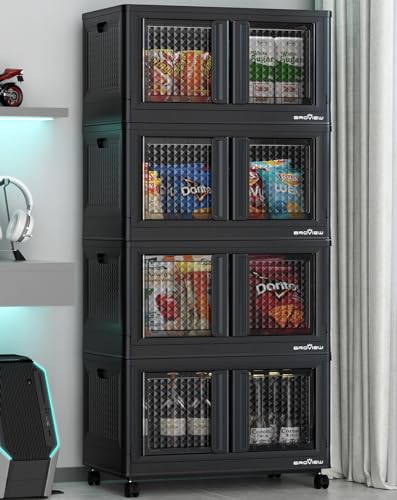 BROVIEW 320Qt Storage Bins with Lids, 80Gal Plastic Stackable Collapsible Storage Bins with Doors Wheels, Closet Organizers and Storage, Foldable Box Cabinet for Home Office Garage, 4Pack Black Cube