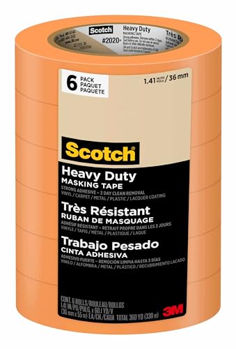 Scotch Heavy Duty Painter's Tape, 6 Rolls, 1.41 in x 60.1 yd, for Use On Vinyl, Carpet, Metal, & Plastic, Indoor & Outdoor Masking Tape, Bonds Aggressively, 3-Day Clean Removal (2020+-36AP6) - size: 1.41" Width, style: 6 rolls
