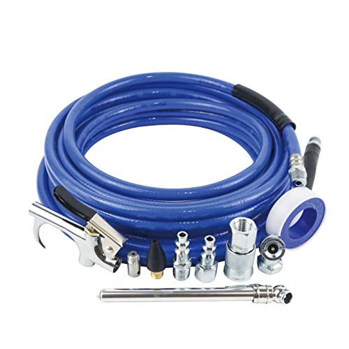 Air Compressor Accessories Kit, 9 Pieces, 1/4 Inch × 25FT PVC Hose, Deep Blue, Includes Blow Gun, Fittings, Chuck, Tire Gauge, 300 PSI - color: Deep Blue